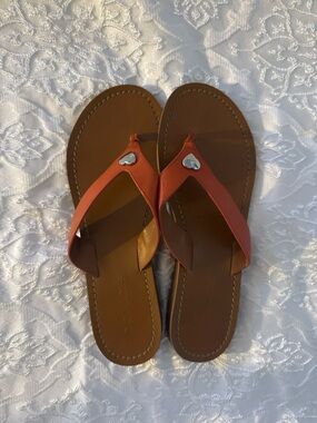 Coach Brown Footbed Orange Strap Heart Accent Flip Flops